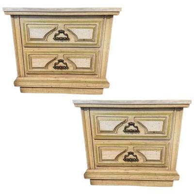 Pair of French Provincial Nightstand, 2-Drawer, Yellow/Green Finish	