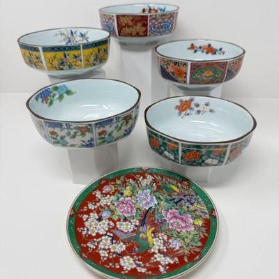Vintage Imari-Style Plate + 5 Imari-Style Octagonal Floral Bowls	