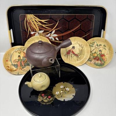 Banko Ware Kyūsu Teapot, Woven Bamboo Plates, Urushi Lacquerware +	