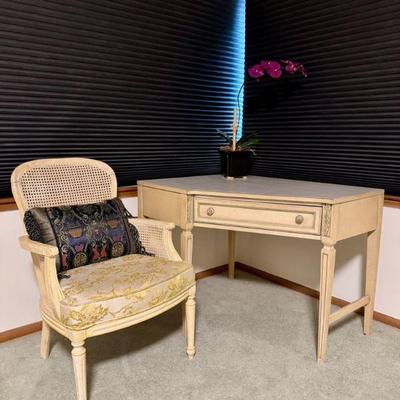 French Provincial Desk & Chair Set + Artificial Orchid in Ceramic Pot﻿	