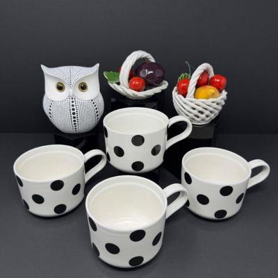 Kate Spade Polka Dot Mugs + Ceramic Fruit Baskets & Owl Figurine	