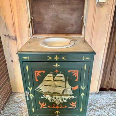 “Barque Lochbuie” Folk Art Cabinet – Hand-Painted Nautical Washstand	