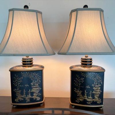 Pair of Chinoiserie Style Lamps w/ Metal Base & Pagoda Shades	