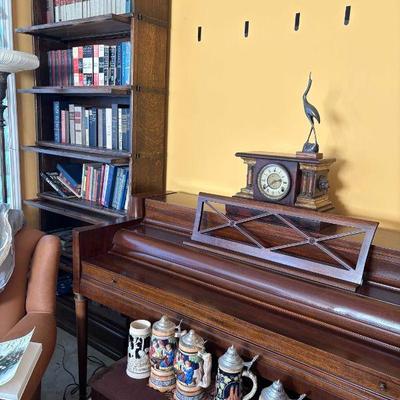 Traditional Barrister bookcase, piano (upright, rather petite), authentic Bavarian beer steins