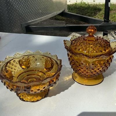 Fenton Amber Hobnail Jar & Candle Rest