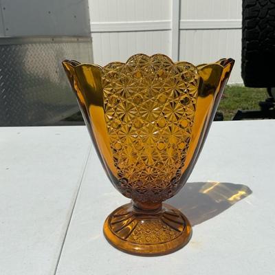 Large Amber Diamond Cut Fan Vase