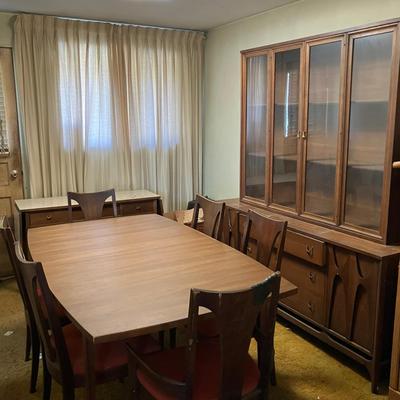MCM Broyhill Brasilia Dining Room Table with 6 Chairs, China Cabinet, and Drop Leaf Bar Cart