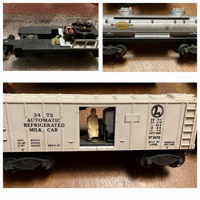 Lionel 3472 Milk Car, Lionel Sunoco Tank Car, and Track Cleaner