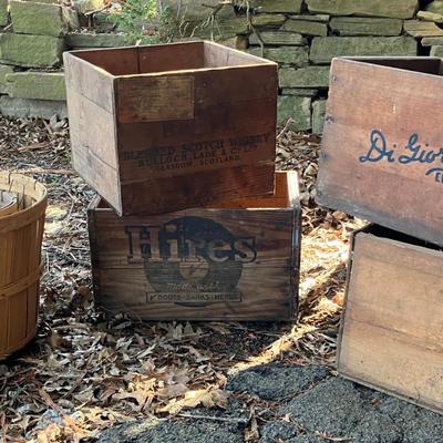4 Wood Crates and 2 Bushel Baskets