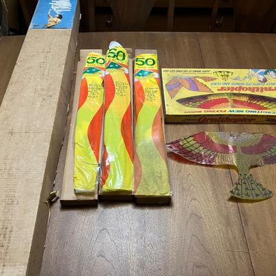 1975 Ghost Clipper Kite, Hi-Flier 50 Ft Boa Kites, and 2 Kenner's 1969 Ornithopters (1 New in Box)