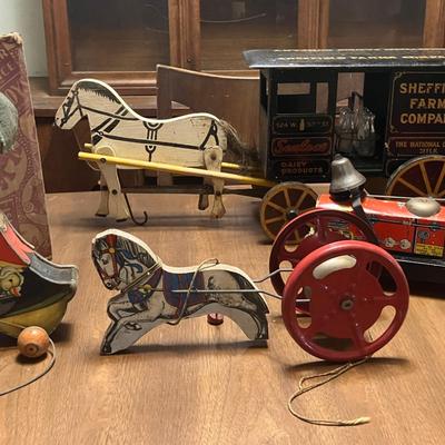 Wooden Horse-Drawn Milk Wagon and More Vintage Pull Toys