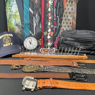 Impressive Vintage Men's Accessory Lot: Belts, Ties, Wooden Tie Holder & More!