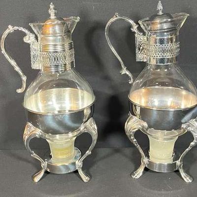 Two Beautiful Like New Silver Plated And Glass Carafes - These are Nice!