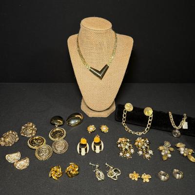 Vintage Gold Jewelry Extravaganza - 13 Earring Sets, Necklace, Bracelet, & Sweater Closure!