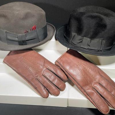 Classic Gentleman's Ensemble: Two Fedora Hats & Leather Gloves