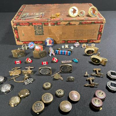 Vintage Men's Accessory Collection: Cufflinks, Tie Tacs, Button Covers, and More in an El Toro Cigar