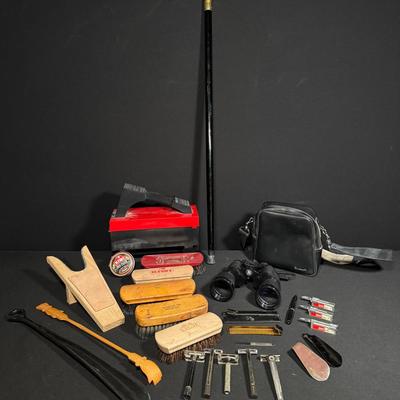 Vintage Gentleman's Treasures - Brass Cane, Shoe Shine Kit, Razors and More! 