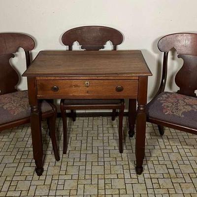 Vintage Charm & Function: Writing Desk & Harp-Back Chair Set!