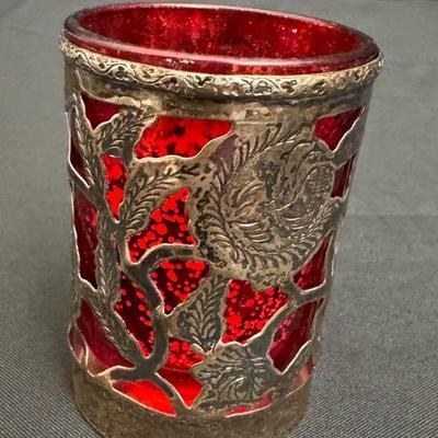 Sterling Overlay Red Glass Votive Holder by Platería Alejo Mexico | 1.5 oz | .925 Silver