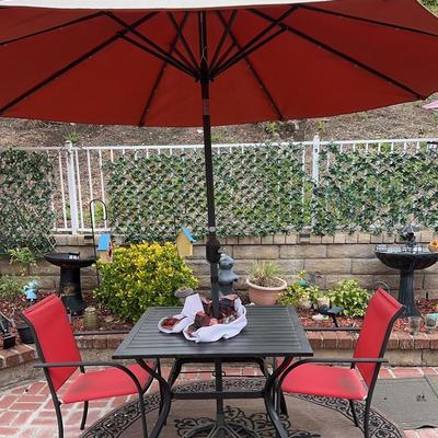 Outdoor Aluminum Patio Set | Table, 4 Chairs, Lighted Umbrella & Base