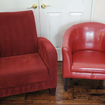 Red Upholstered Chair & Red Faux Leather Barrel Chair Bundle