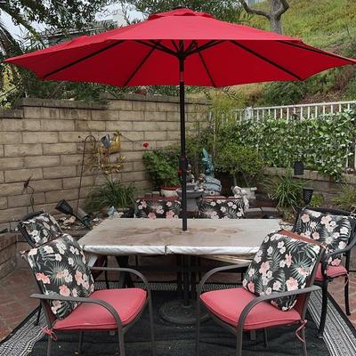 8 Piece Patio Set | Faux Wicker Table, 6 Chairs & Red Umbrella with Lights