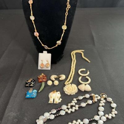 Costume Jewelry Lot – Faux Pearls, Carved Rose Necklace, Elephant Charms & More | 20+ Pieces