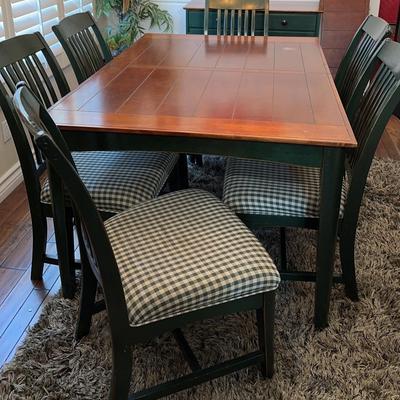 Farmhouse Dining Table with 6 Plaid-Seat Chairs & Matching Buffet – Wood & Green Painted Finish