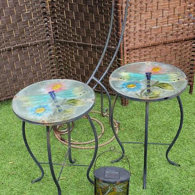 Decorative Outdoor Tables with Dragonfly Tops, Lanterns & Yard Sculpture 