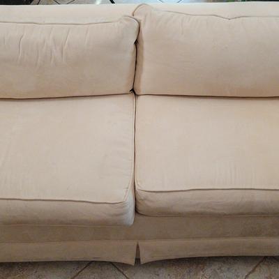 Cream Upholstered Loveseat – Rolled Arms with Skirted Base | Includes Optional Wood Legs