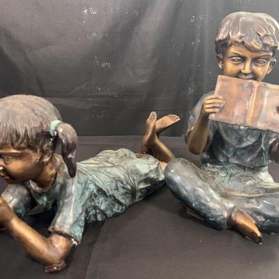 Bronze-Look Reading Children Sculptures – Boy & Girl with Books 
