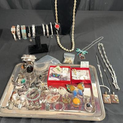 Vintage Jewelry Lot – Southwest, Inlay, Pearl Necklace, Pendants, Rings & More