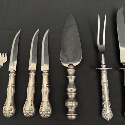 Sterling Silver Handle Flatware | 7 Pieces | Forks, Knives & Cake Server w/ Stainless Steel Blades