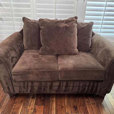Bella Upholstered Loveseat | Plush Chocolate Fabric with Pillows, Comfortable Seating