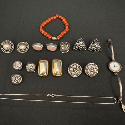 Mixed Silver & Coral Jewelry Lot | Earrings, Bracelet, Ring, Necklace, Watch | Some Marked 925