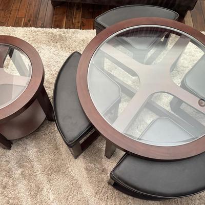 Ashley Marion Traditional Glass Top Round Coffee Table & 4 Upholstered Stools & Side Table 