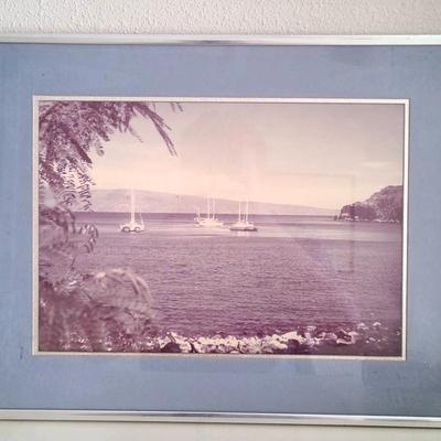 Framed Coastal Photograph with Sailboats