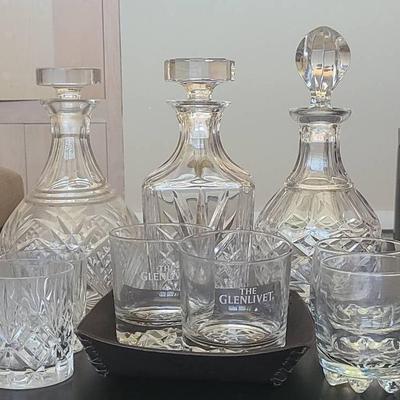 13 Piece Assorted Whiskey Set 9 Glasses 3 Crystal Decanters