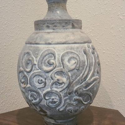 Textured Blue Ceramic Lidded Jar with Scroll Motif