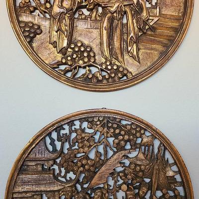 Set Of Two Wooden Carved Medalions Depicting Chinese Culture