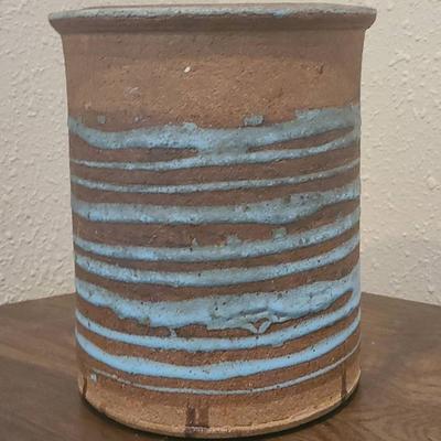 Large Cylindrical Pottery Piece - Unique Vase/Utensil Storage, Brown W/Blue Details