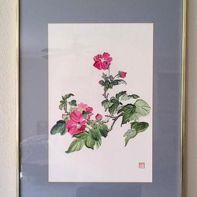 Framed Chinese Watercolor Floral Painting 