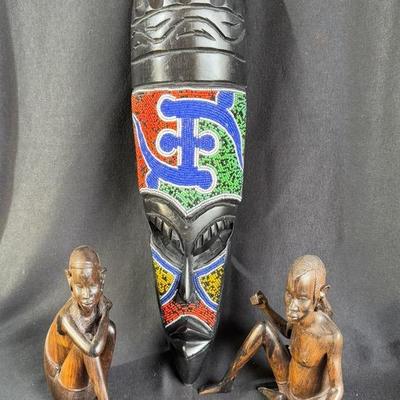 19” African Mask & 7” Musyoka Carved Wooden Figurines Of Masai Man & Woman 