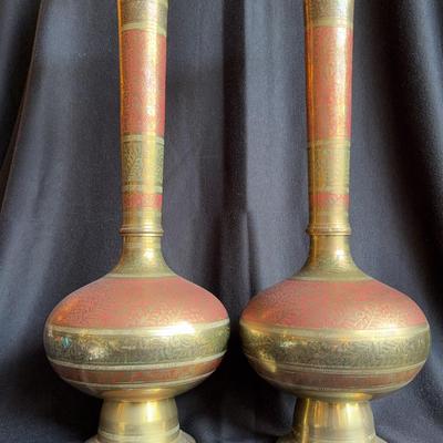2~ Vintage Indian Etched Brass 21” Lamp Bases 
