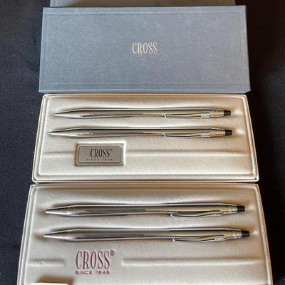 Two New Boxed Sets of CROSS Pen and Pencils * Silvertone Metal 
