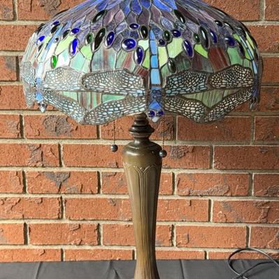 Gorgeous Blue Tiffany-Like 30” Dragonfly Lamp * Inlaid Glass Shade W/ Bronze Finish Base 