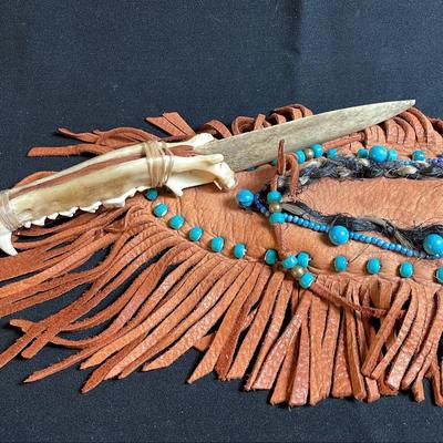 Handmade Suede * Turquoise Color Glass Beaded Knife Sheath * Animal Jaw Bone Knife 