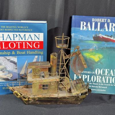2~ Seamanship Coffee Table Books & Metal-Art Boat Sculpture * Ocean Exploration & Chapman Piloting 
