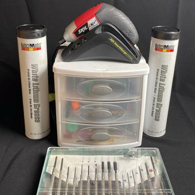 Rechargeable SKIL Smart Charge Screwdriver with Charger * Bin of Small Hand tools * Lithium Grease