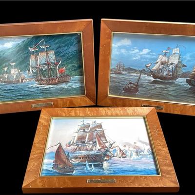 Franklin Porcelain Framed Thomas Wesley Freeman Painted Tile Replicas Sailing Ships